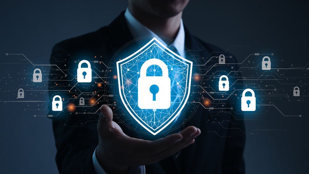 Cyber security concept.Businessman protects personal and corporate data.Internet network security and data protection.