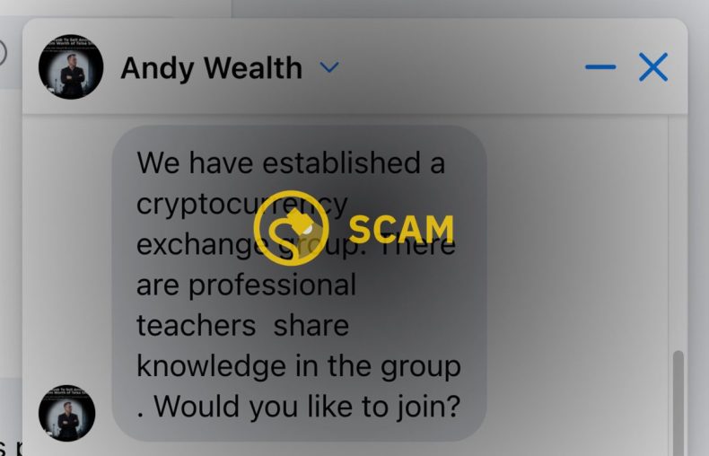 A crypto scam involving the bitcoin cryptocurrency was being operated on the Andy Wealth Facebook page and claimed to involve a teacher who would advise about investment opportunities in apps named MetaEx and MetaEXC.