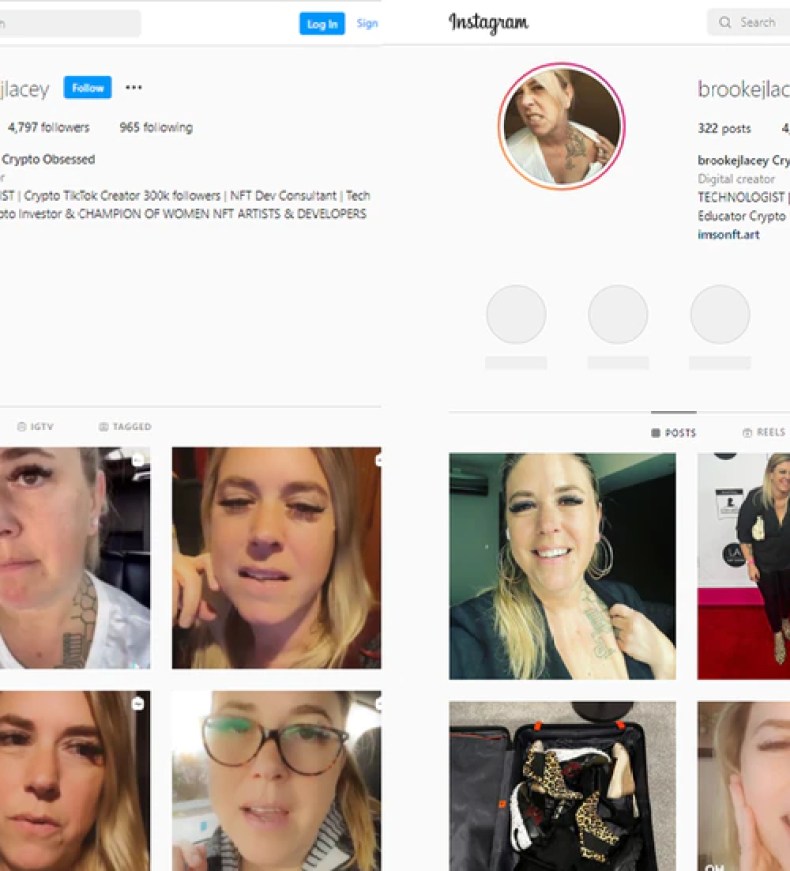 An account impersonating Lacey (left) vs. Lacey’s real Instagram page (right). The fake account...