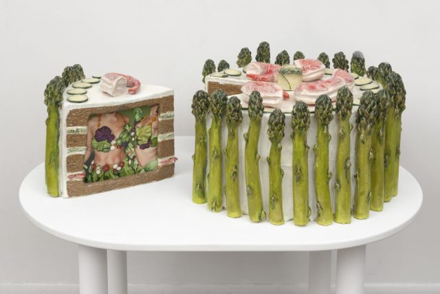 Stephanie Temma Hier, (Asparagus cake) Real food for pretend chefs (2021). Courtesy of the artist and Bradley Ertaskiran Gallery. Photograph by Lance Brewer.