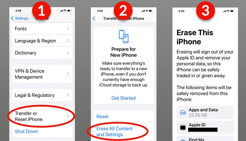 three screenshots from an iphone that show how to erase all data from the phone