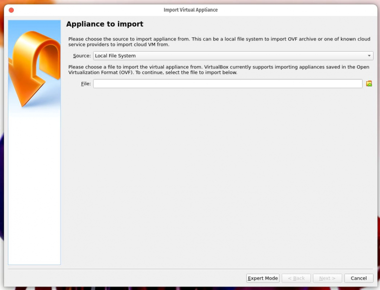 Importing the OrangeHRM appliance in VirtualBox.