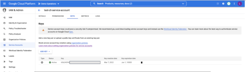Key pair generated for a service account in the Google console