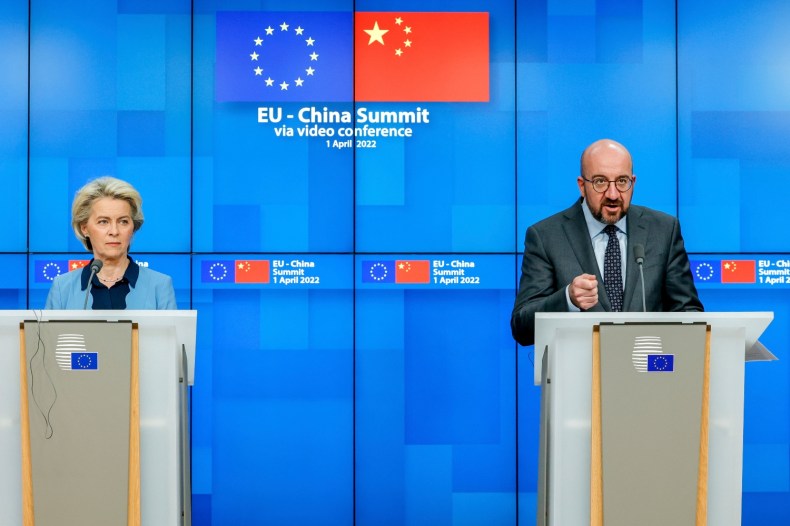 European Commission President Ursula von der Leyen, left, and European Council President Charles Michel speak during a media conference.