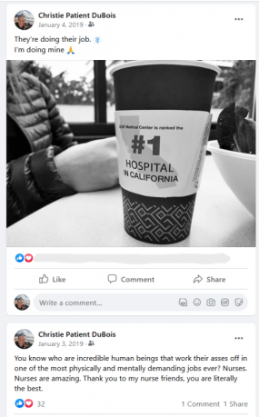 social media advocacy | Pulmonary Fibrosis News | A screenshot shows a couple of Christie's vague Facebook posts from 2019. One is a black-and-white photo of a hospital coffee cup, with the caption "They're doing their job. I'm doing mine." 