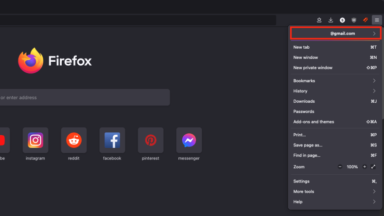 The applications menu of Firefox for desktop with the account management button highlighted.