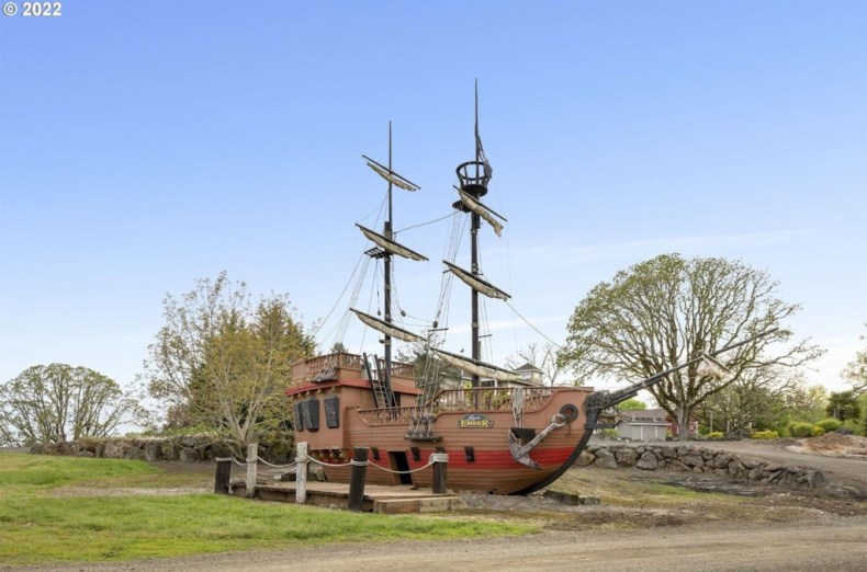 A full-scale pirate's ship— one of several installations on the farm.
