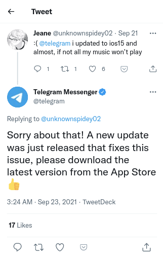 telegram ios 15 issue fixed