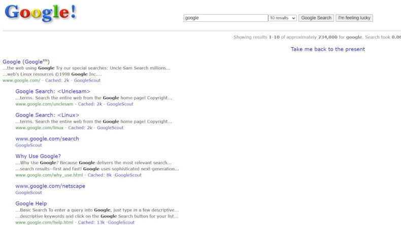 A screenshot of the Google search engine from 1998