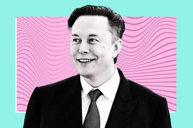 A photo illustration shows a smiling Elon Musk in black-and-white on a wavy pink and teal background.