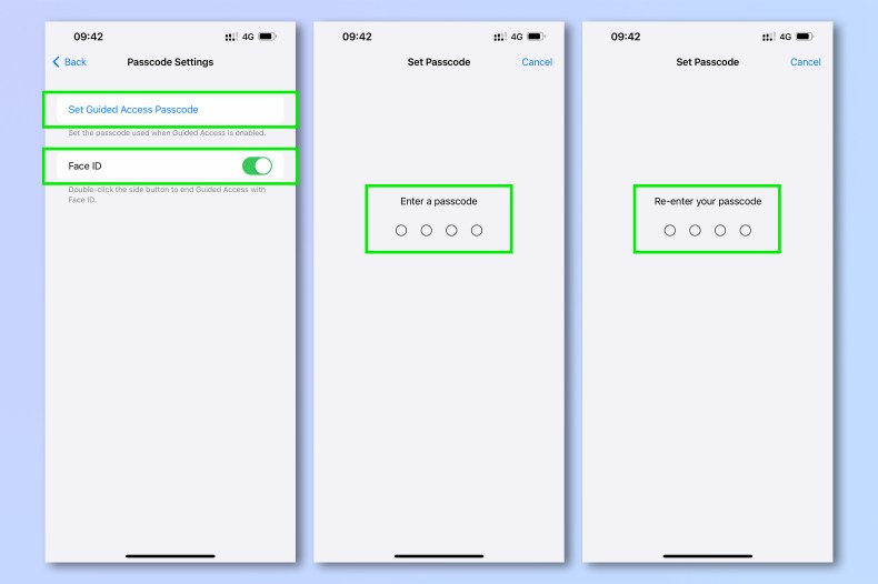 Screenshots showing the steps required to set up Guided Access on iPhone