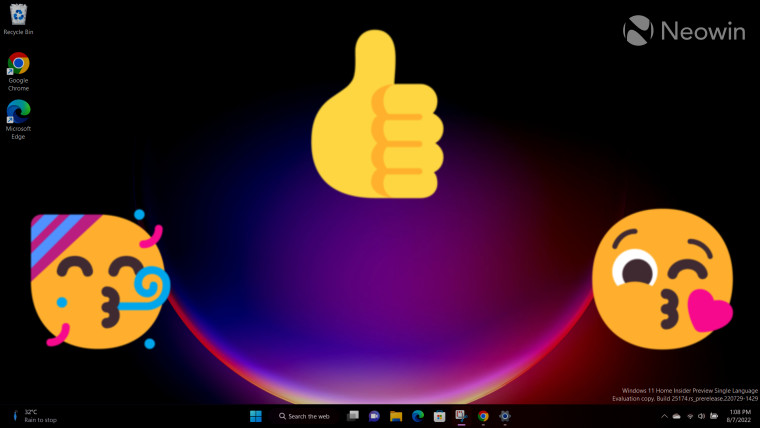 Windows 11 desktop with thumbs up party face and face blowing a kiss emoji