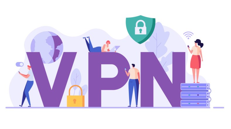 Illustration of the letters VPN surrounded by people, devices and padlocks