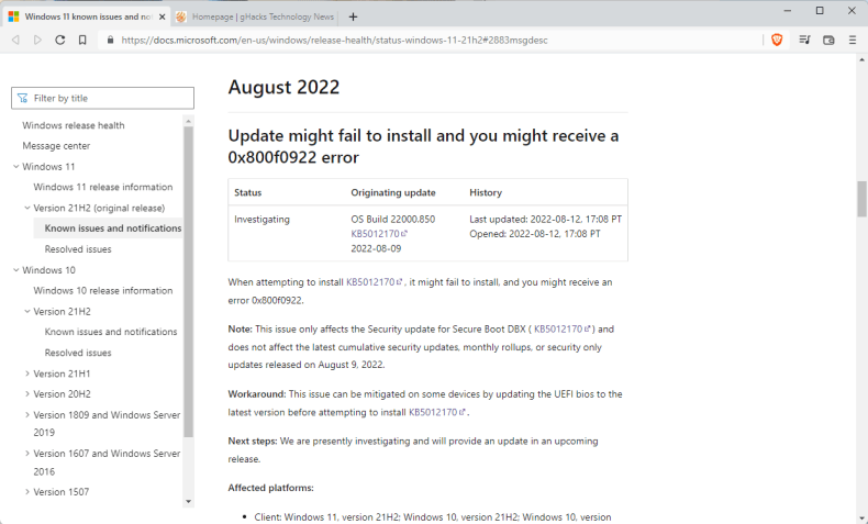 windows update KB5012170 error 0x800f0922