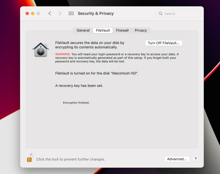 MacOS FileVault encryption finished.