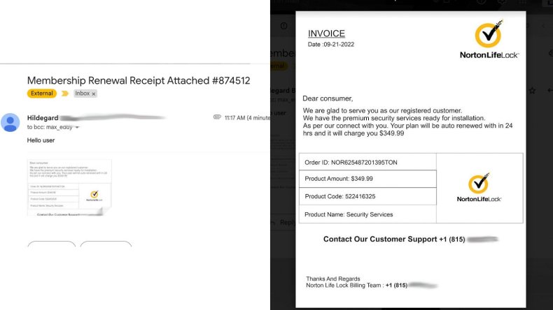 Screenshot of an email and a fake invoice, purporting to be from NortonLifeLock