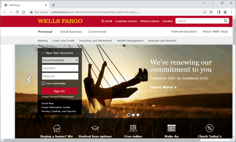 Screenshot of a fake WellsFargo website