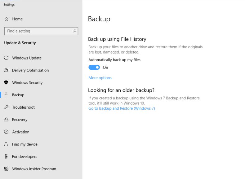 Screenshot of the Backup tab in Windows Settings.