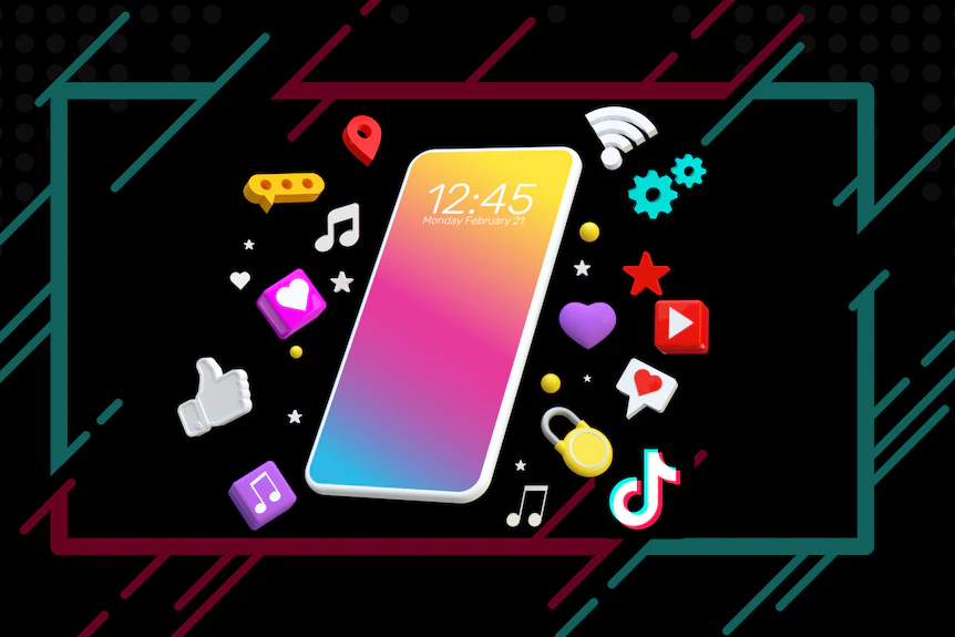 Image of iphone surrounded by app icrons including TikTok. 