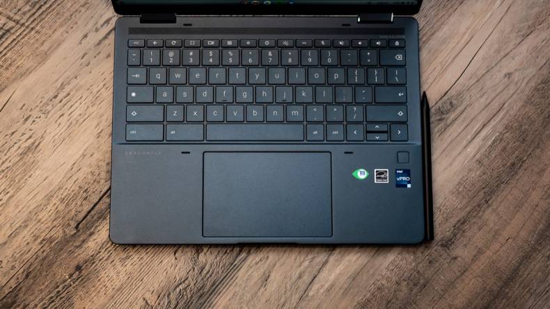 Downward-looking view of the HP Elite Dragonfly Chromebook's keyboard and touchpad.
