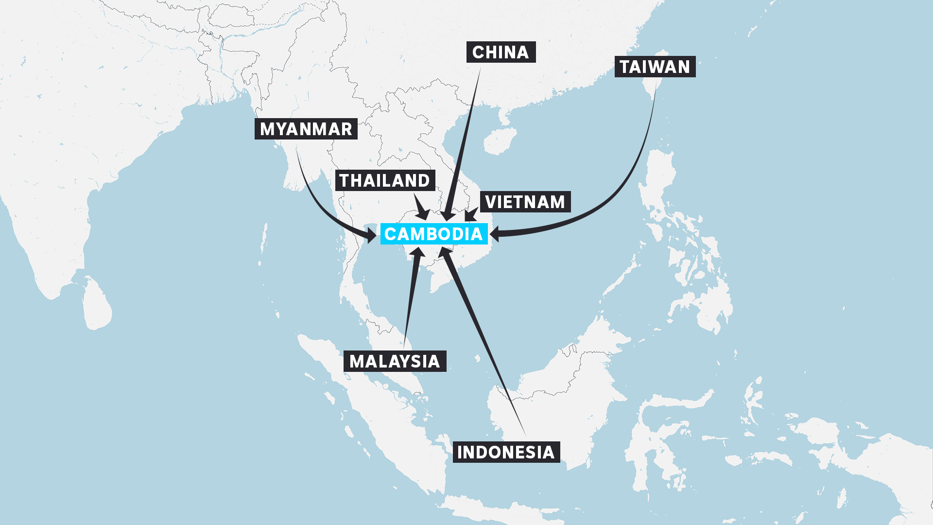 A map of South-East Asia showing directional flows