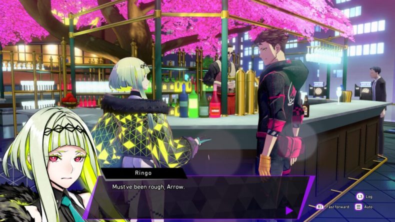 Soul Hackers 2 screenshot showing a drinking hangout between Ringo and Arrow.