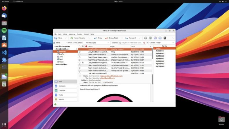screenshot of evolution email client on ubuntu desktop