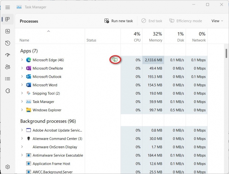 Windows task manager with the efficiency symbol circled.