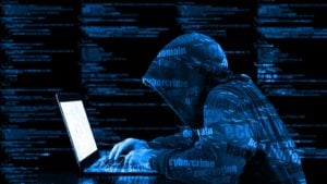 A digital illustration of a hacker in a blue sweatshirt.