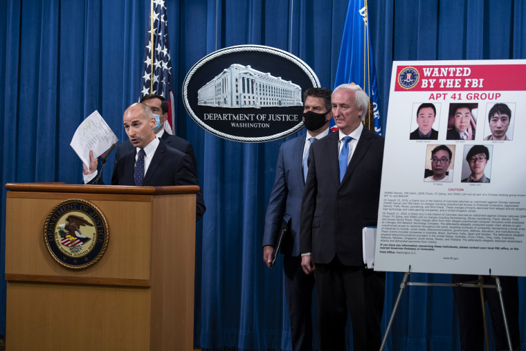 Acting U.S. Attorney for the District of Columbia Michael R. Sherwin speaks about charges and arrests related to a computer intrusion campaign tied to the Chinese government by a group called APT 41 at the Department of Justice on Sept. 16, 2020, in Washington.