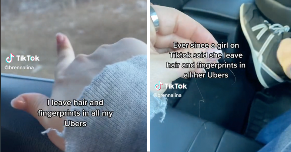 The woman pushes her fingerprints against an Uber window and drops hair on the ground. 