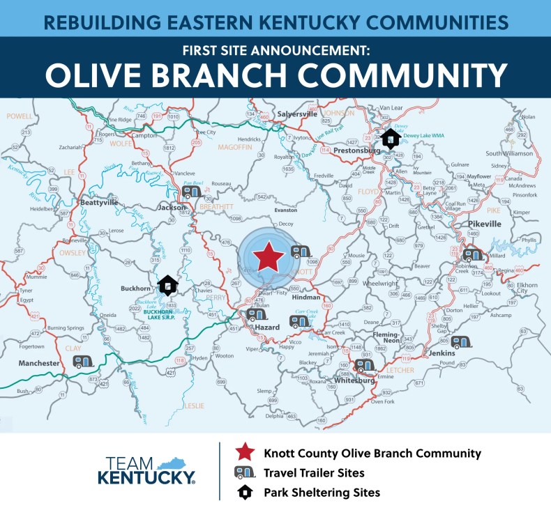 The Olive Branch community will be built in Knott County and is meant to provide long-term housing for flood victims in Eastern Kentucky.