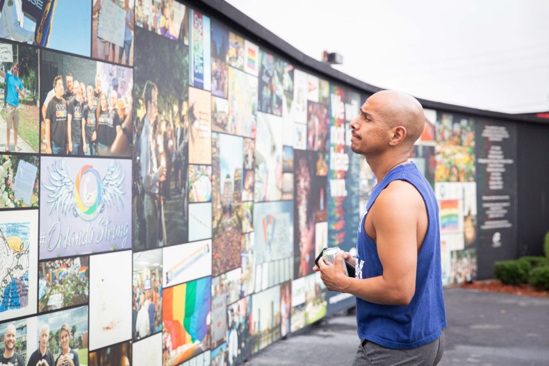 A visitor at the Pulse Interim Memorial in Orlando, Florida.