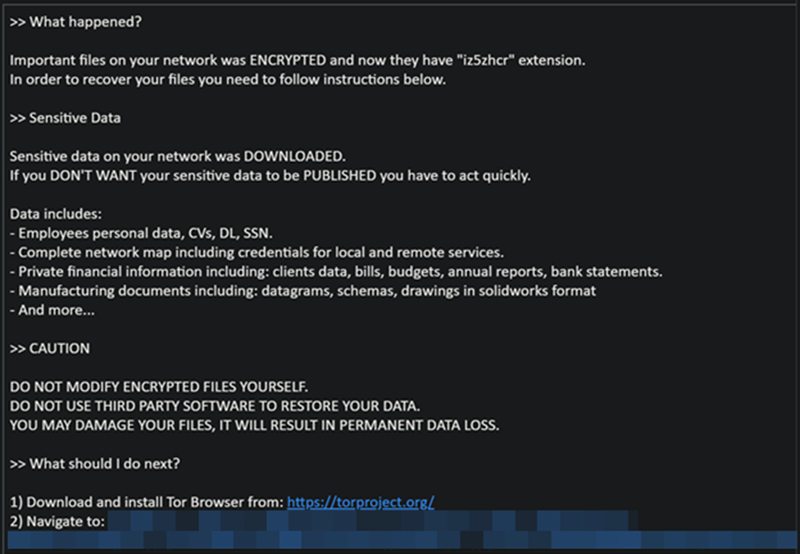 Screenshot of the ransom note displayed by BlackCat ransomware. It informs affected users that sensitive data from their network has been downloaded and that they must act quicky and pay the ransom if they don't want the data to be published.