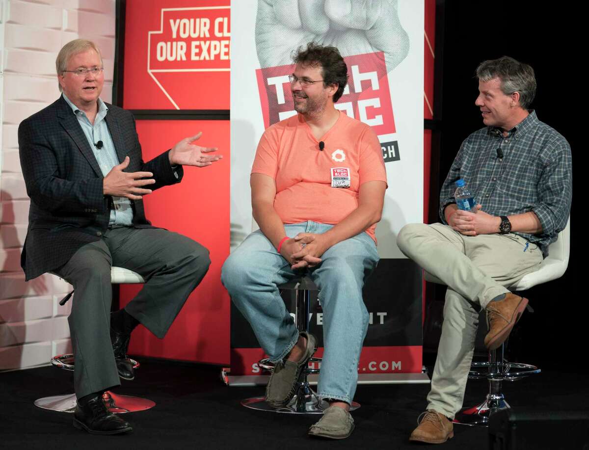 Graham Weston, Dirk Elmendorf and Lew Moorman take part in a panel discussion during the 2017 Tech Bloc rally at Rackspace.