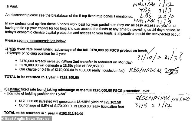 They thought their money was being put into safe corporate bonds run by UK high street banks and building societies, enabling them to live off promised interest rates of up to 13 per cent while keeping their capital safe. Pictured: A portion of a fake email the couple received