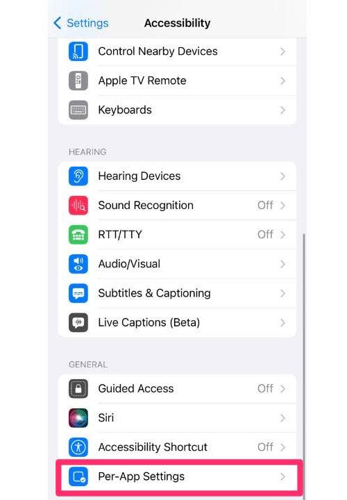 Screenshot of the Accessibility screen per app settings