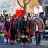 Demonstrators march at the U of S, part of a protest urging schools to take false claims to Indigenous identity seriously. 