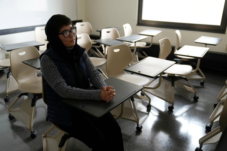 Afghan evacuee and University of Wisconsin- Milwaukee student, Khatera, age 20, at Curtin Hall on UWM campus in Milwaukee on Monday, April 25, 2022. Khatera is studying English in the intensive English program at UWM and is part of a group of 9 Afghan women from the Asian University for Women now in Milwaukee. Nearly 150 young Afghan women from the university were evacuated by the U.S. and stayed at Fort McCoy in Wisconsin until they were placed at universities around the country.