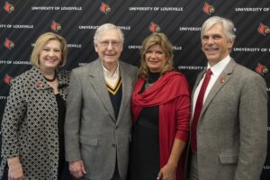 Interim UofL President Lori Stewart Gonzalez, left, Sharon Kerrick and Kevin Gardner joined Senate Republican Leader Mitch McConnell, second from left, on Jan. 19 to discuss resources he secured to benefit Kentucky in the recent government funding bill.
