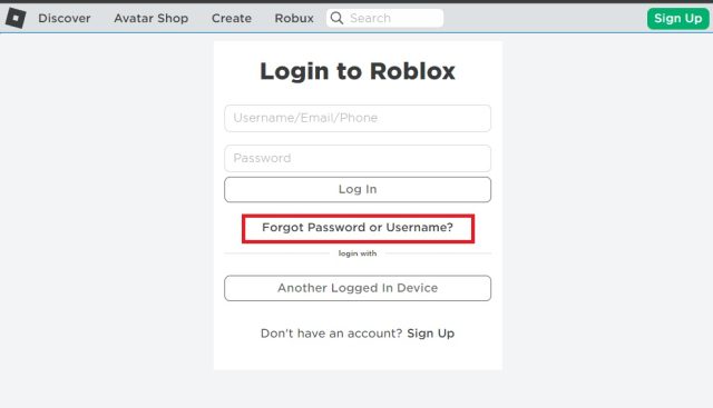 Forget Password or Username Roblox