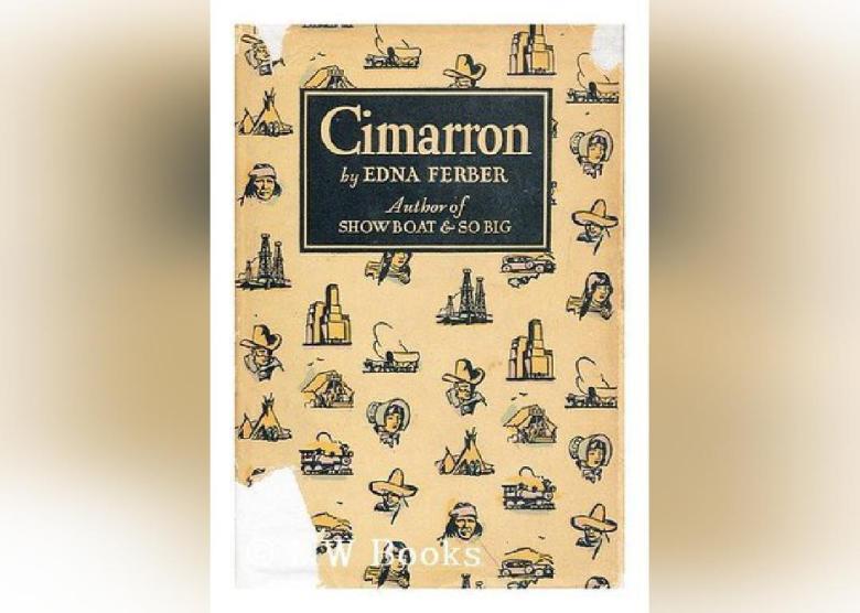 A pale yellow cover dotted with cowboys, pioneer women, wagons, American Indians and teepees.