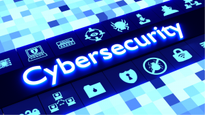 An image of the word cybersecurity overlaid over a pixelated background, images of locks and shields and virus icons surrounding it