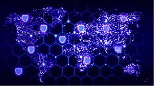 An image of a hexagon network covering the world map with glowing data centers and shield symbols