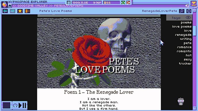 A blog of Pete's Love Poems in 90s web surf 'em up Hypnospace Outlaw