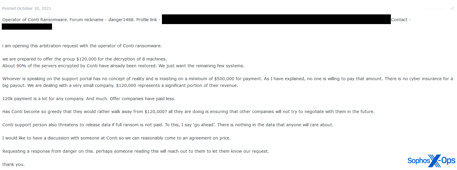 A scam report against the Conti ransomware group which asks for a ransomed victim's network to be decrypted