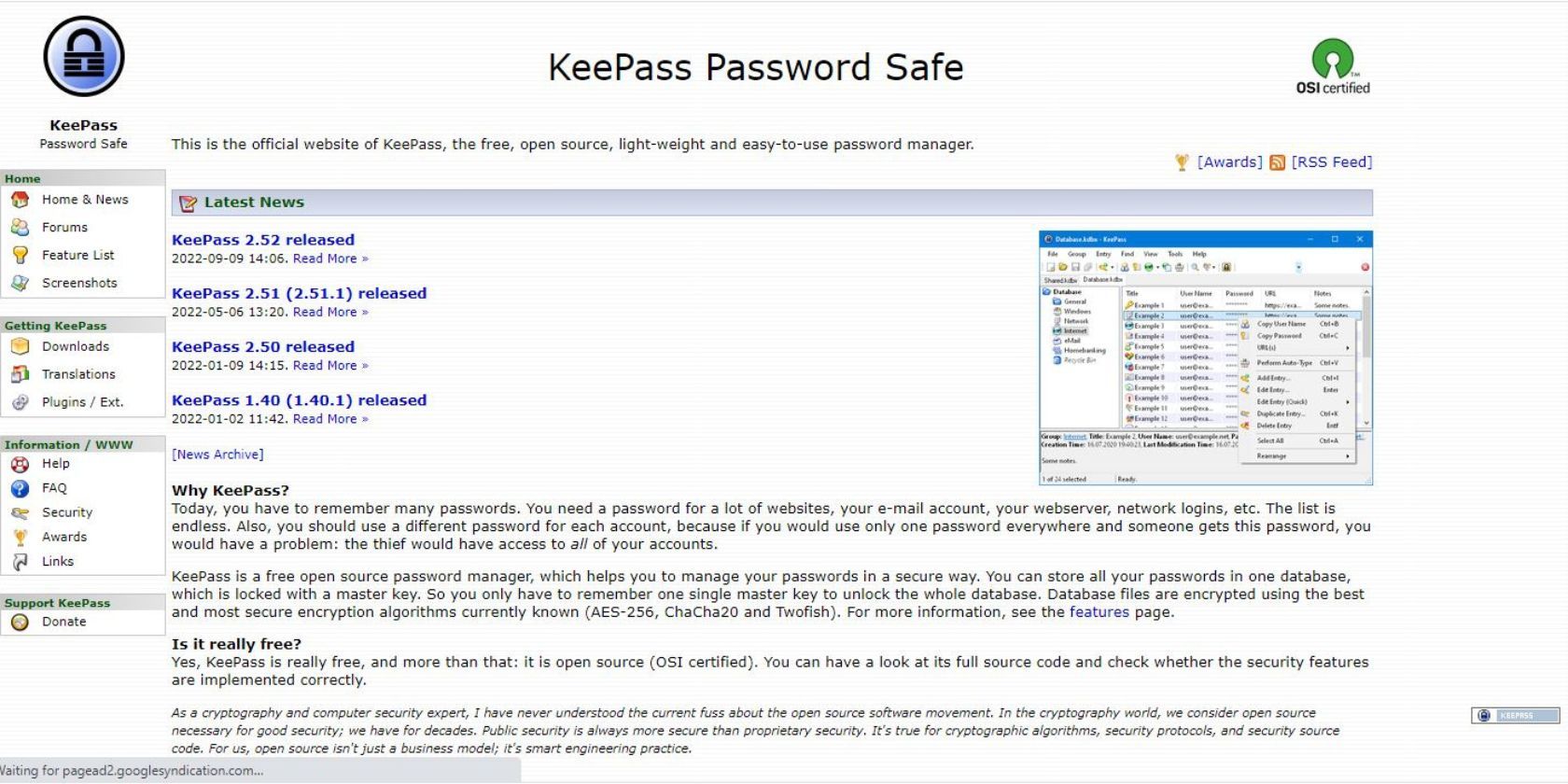 Screenshot of KeePass' webpage 