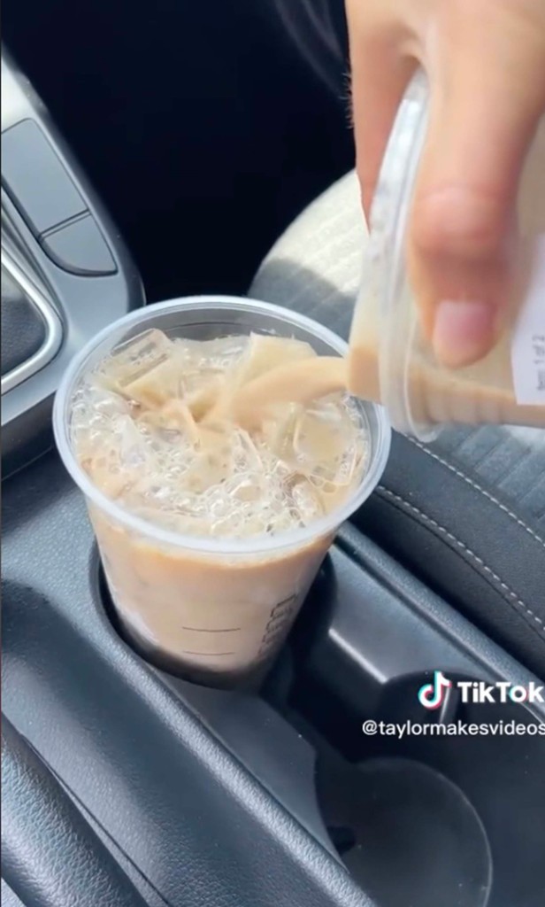 "If you're going for an iced drink, get a small version of that drink with no ice" explained Taylor while pouring the smaller drink into the larger cup. "Then order a venti on the side of just ice." 