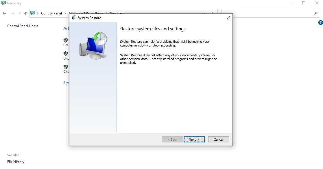 A screenshot of the Windows System Restore Tab