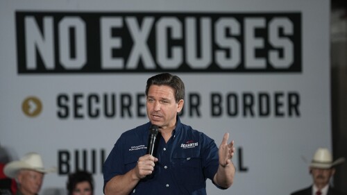 Republican presidential candidate Florida Gov. Ron DeSantis speaks during a town hall meeting in Eagle Pass, Texas, Monday, June 26, 2023. (AP Photo/Eric Gay)